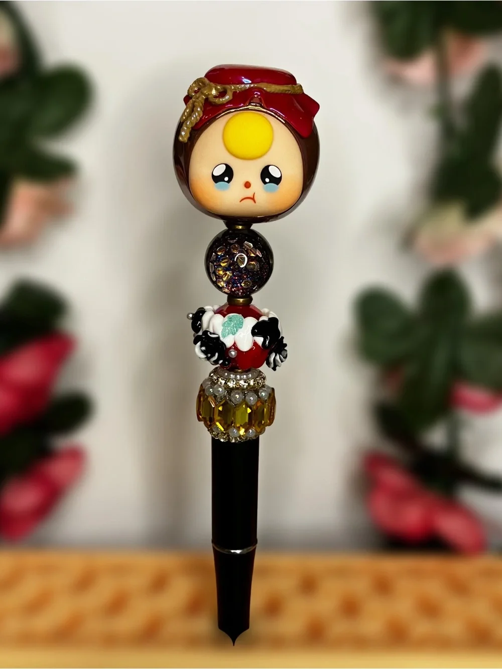 Handmade Beaded Pen with Adorable Baby Three Upcycled Topper